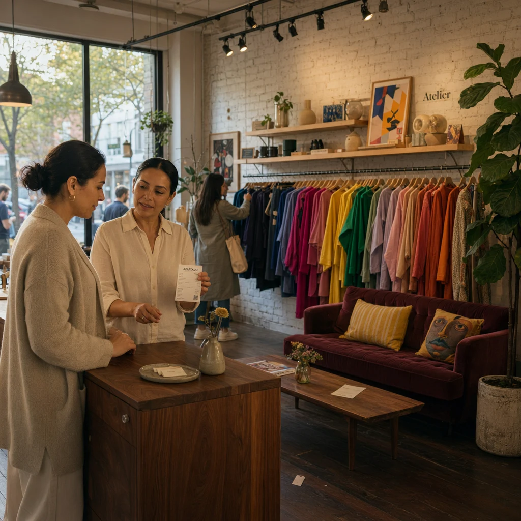 Cliente recibiendo comprobante de apartado con vendedora en tienda SACS