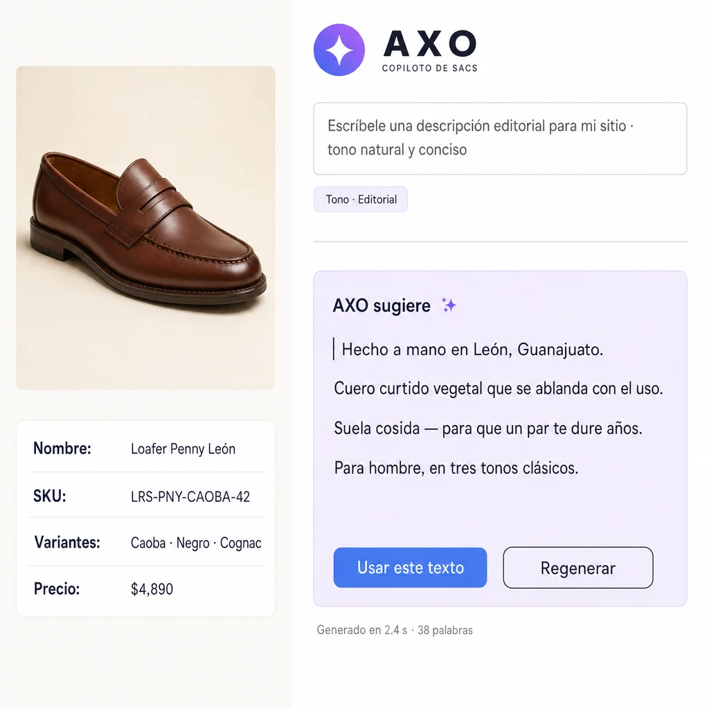 Panel AXO de SACS escribiendo una descripción editorial para un par de loafers