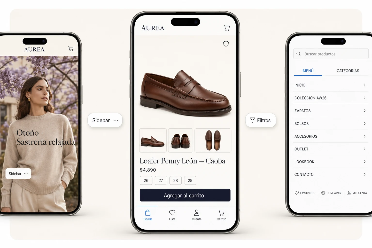 Tres iPhones mostrando la misma tienda Aurea en hero, ficha de producto y menú de filtros
