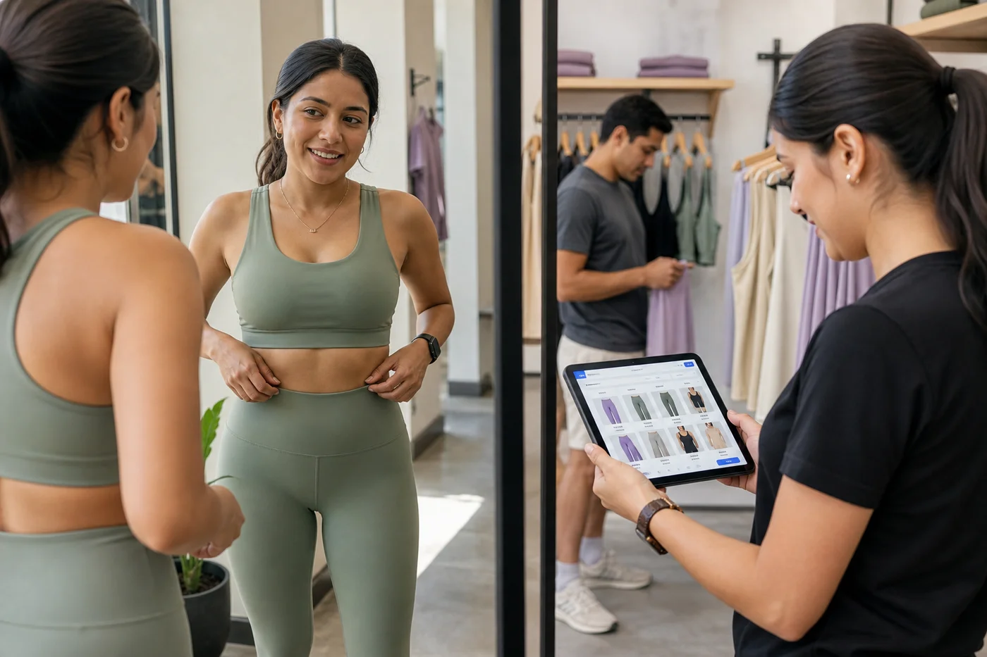 Clienta probándose un top deportivo frente al espejo del showroom mientras la vendedora consulta la talla