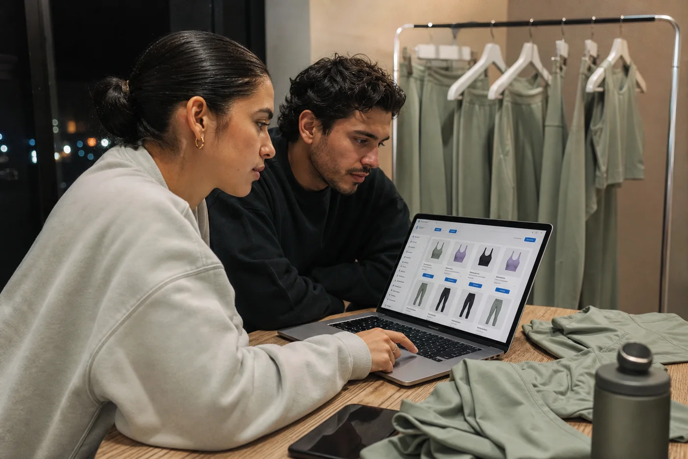 Dueña y asistente frente a una laptop lanzando el drop, con el rack del colorway nuevo detrás