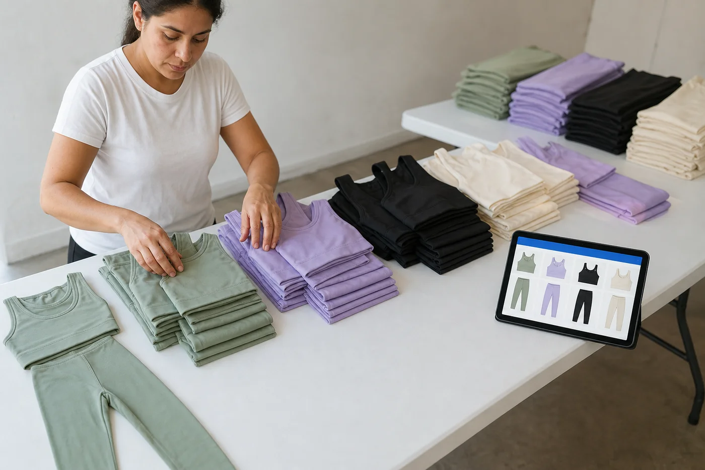 Mesa de dobleces con sets de top y legging emparejados por color y una pieza suelta apartada