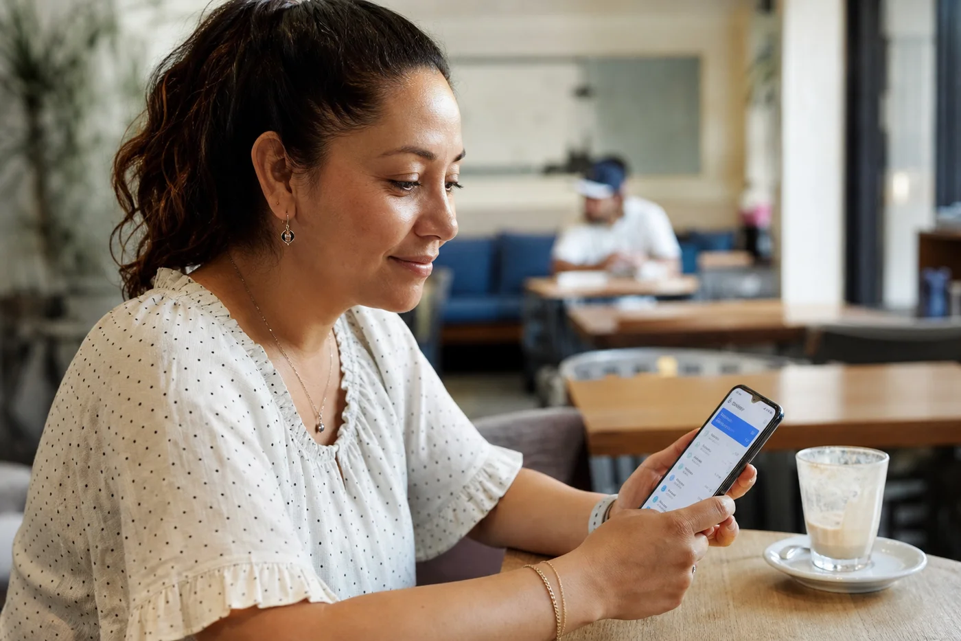 Consignante revisando en su celular el estado de cuenta de sus piezas en una cafetería