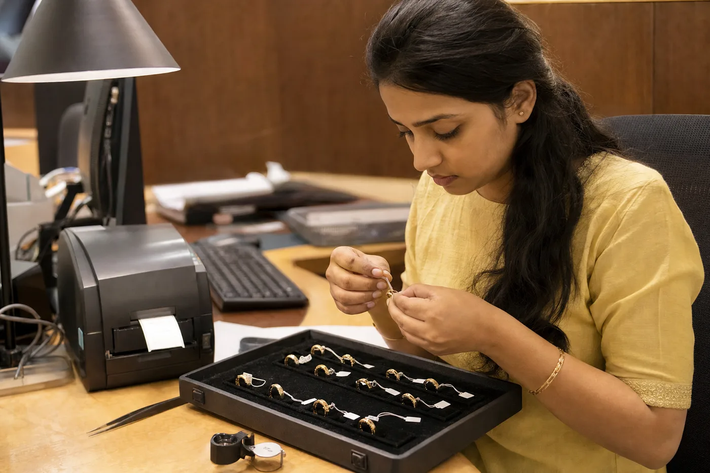 Empleada colocando etiquetas de precio a anillos de oro sobre una charola