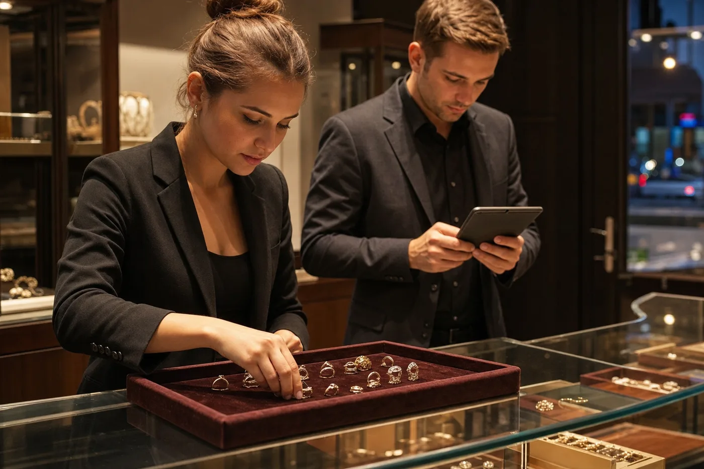 Dos empleados contando piezas de joyería de una charola al cierre de la tienda