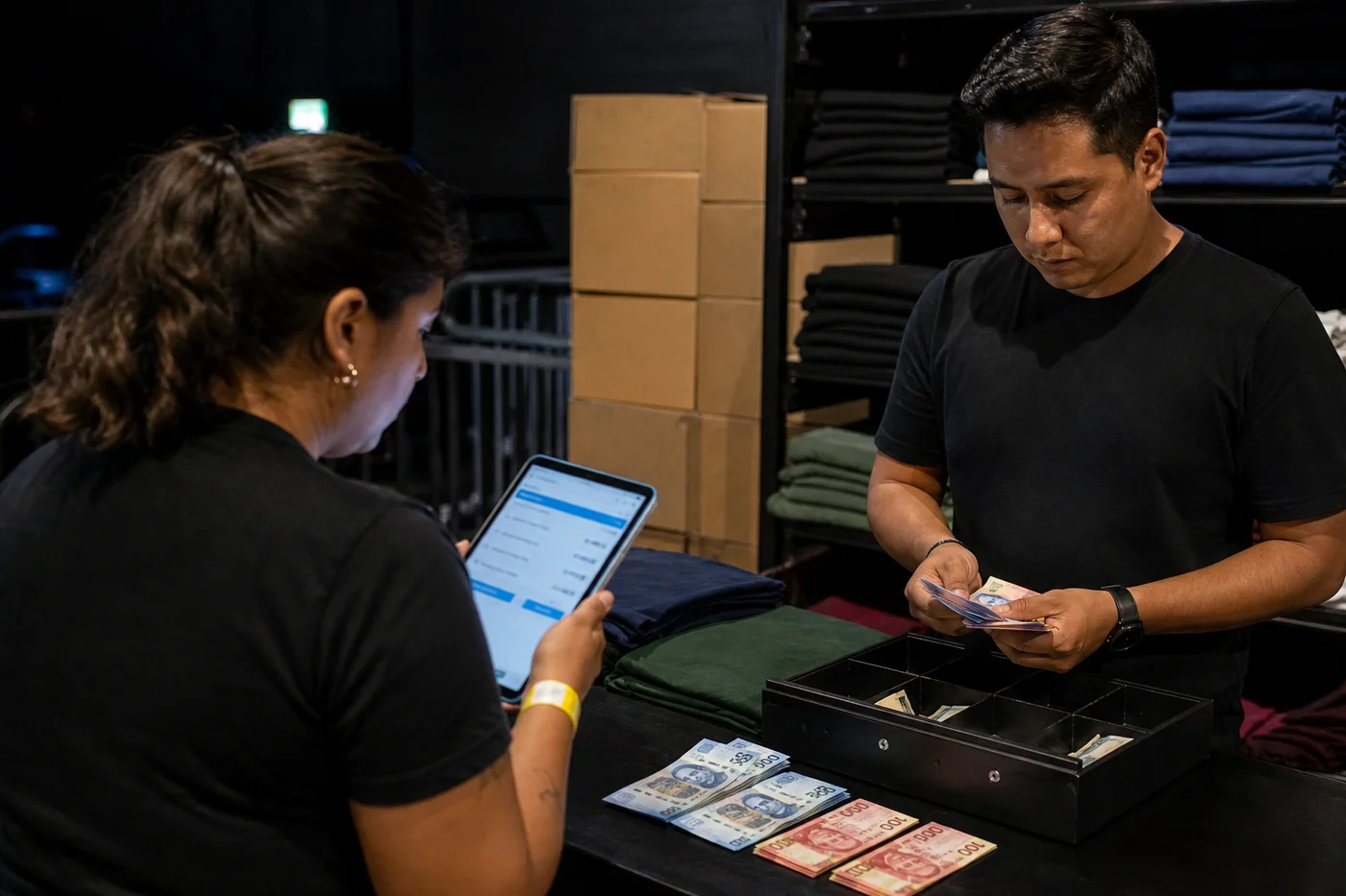 Jefe de merch revisando el corte de la noche en una tablet junto a cajas cerradas y etiquetadas