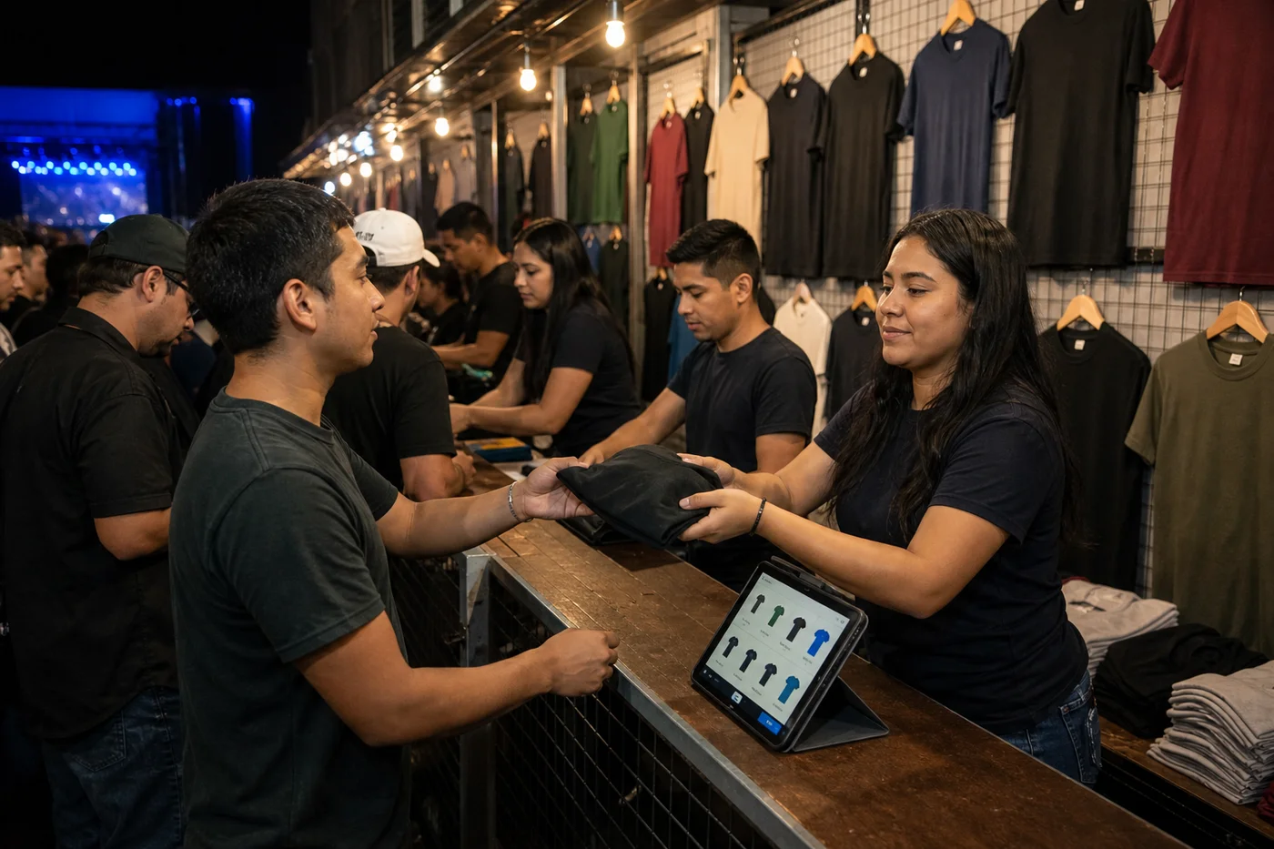 Hora pico en el módulo de merch: tres cajeras cobrando en paralelo con la fila avanzando
