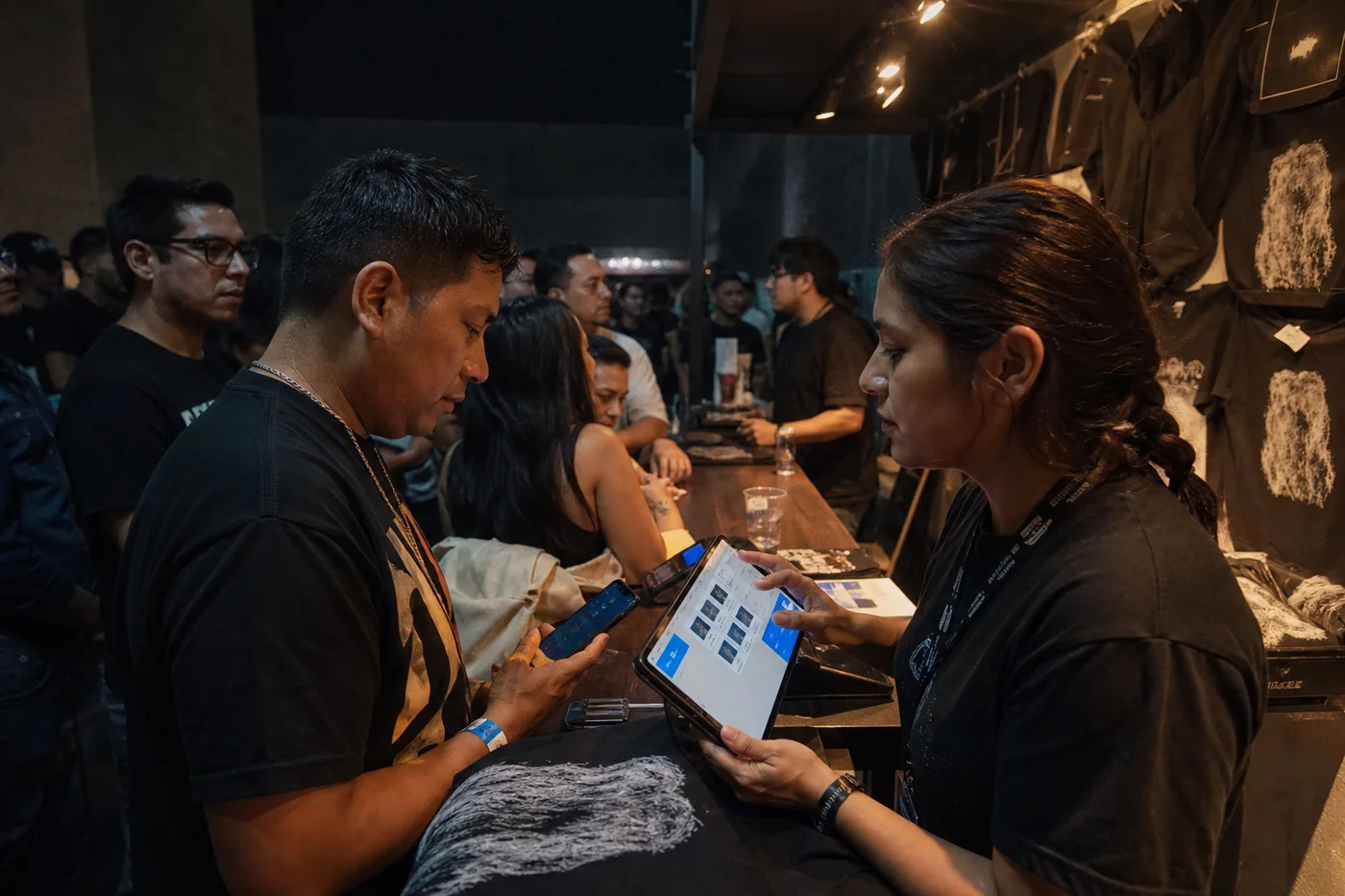 Fila de asistentes comprando en un módulo de mercancía dentro de un venue, cajera cobrando con tablet