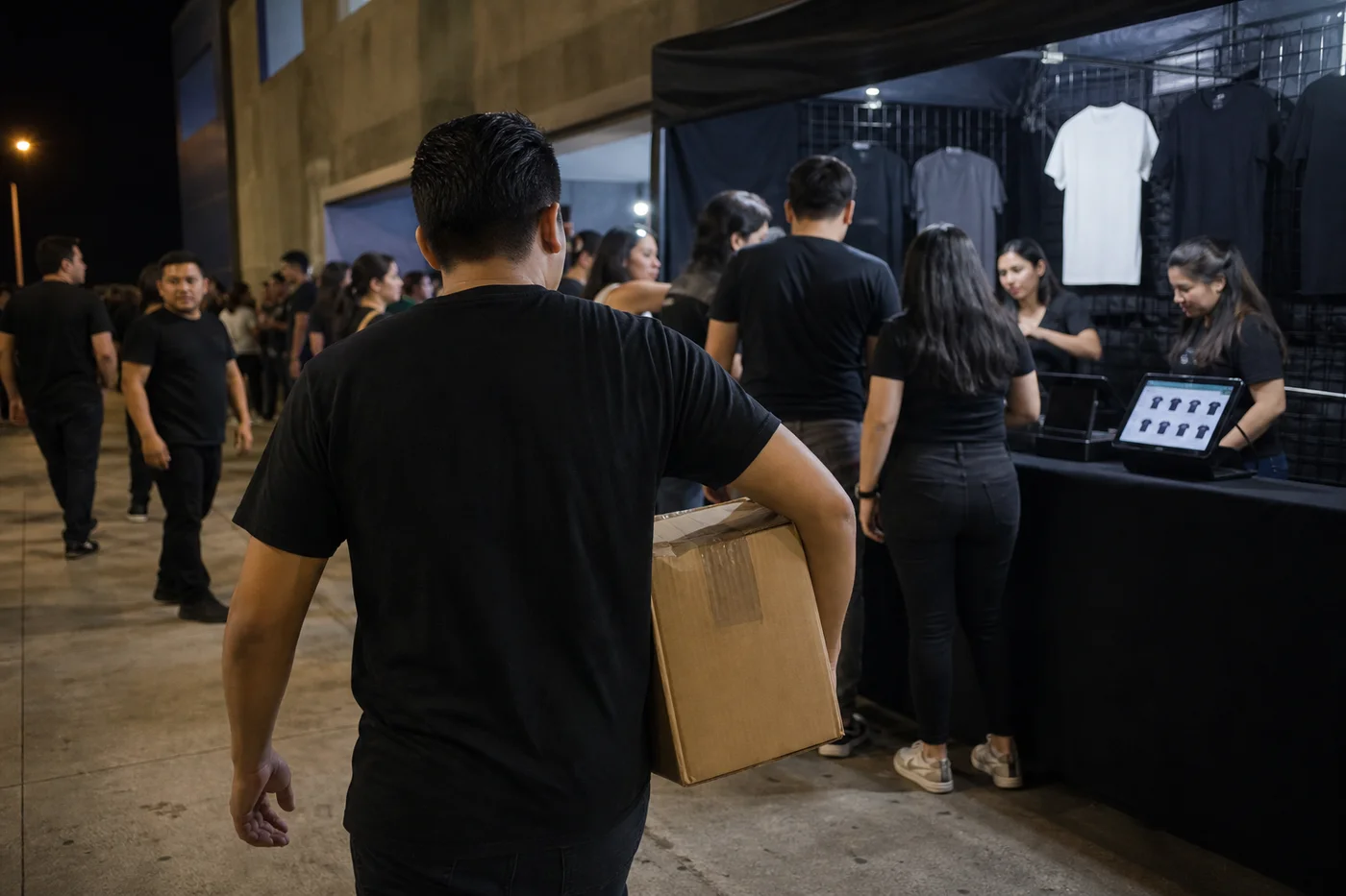 Staff con caja al hombro cruzando el pasillo del venue hacia un módulo de merch