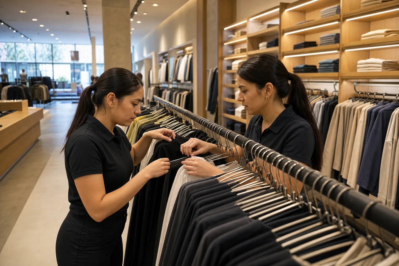 Dos vendedoras uniformadas revisando talla por talla un riel largo en el piso de venta