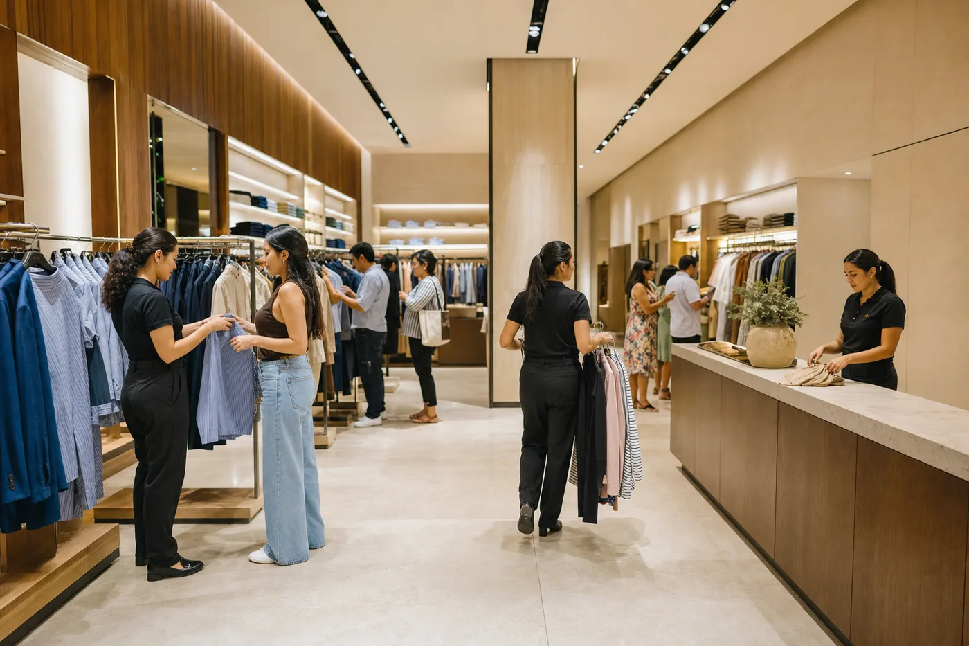 Tienda grande un sábado: tres vendedoras uniformadas atendiendo el piso, los probadores y el mostrador