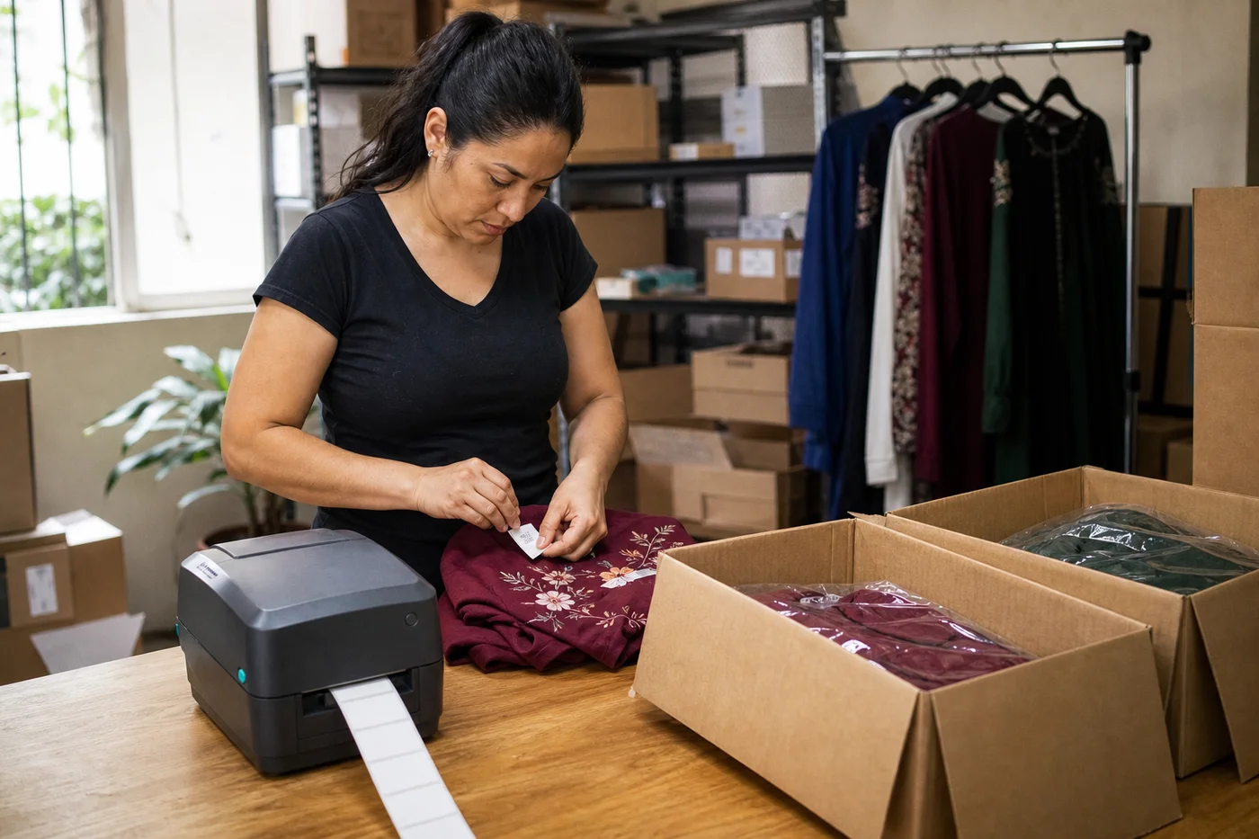 Empleada de boutique etiquetando prendas recién llegadas junto a cajas abiertas de distintos proveedores