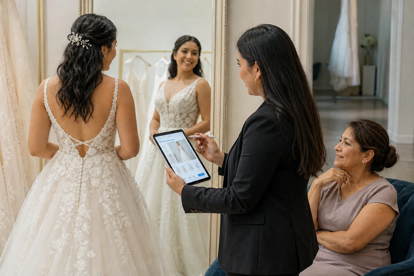 Novia frente al espejo con un vestido de muestra mientras la vendedora toma notas en una tablet