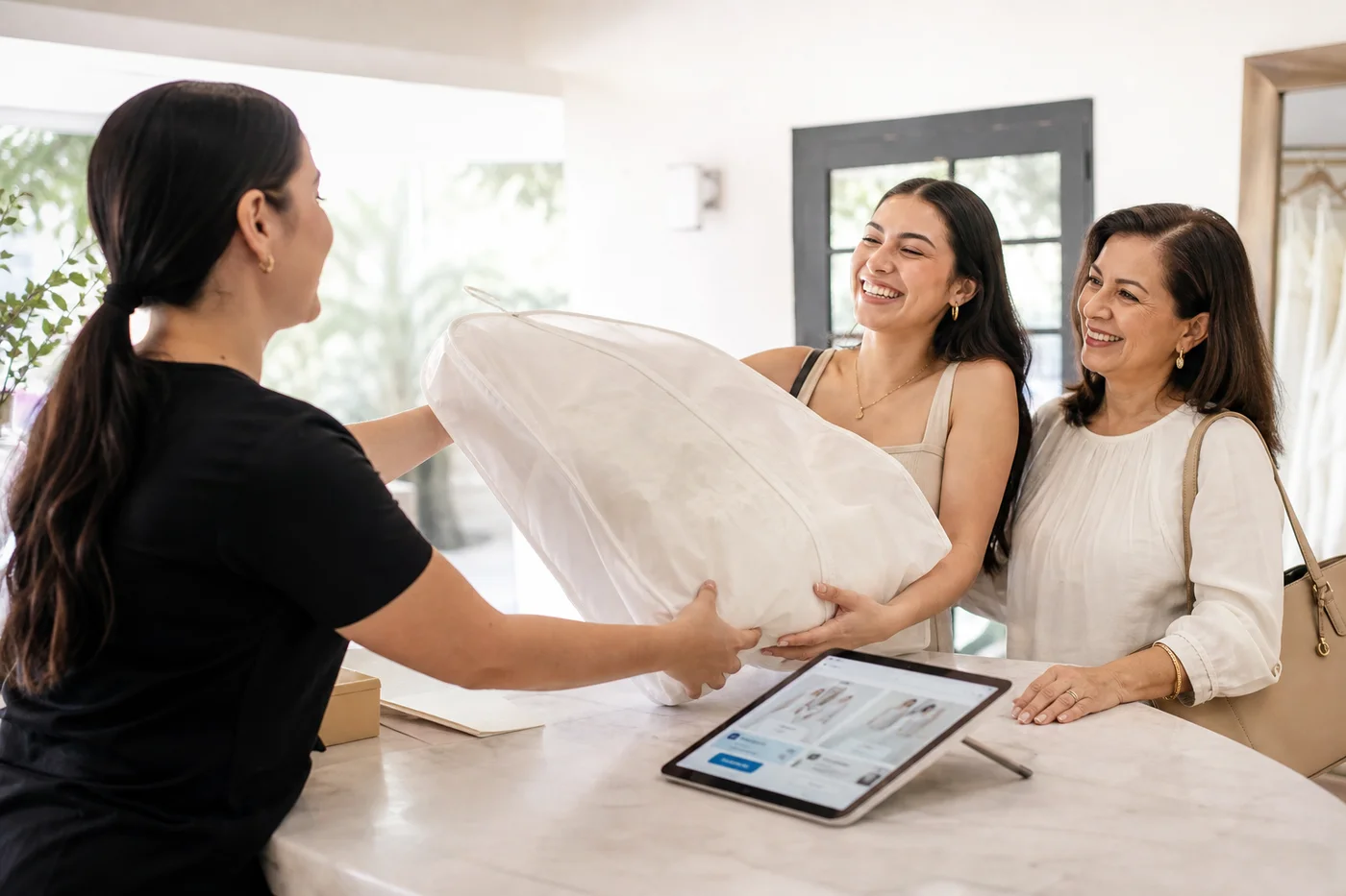 Entrega de un vestido de novia enfundado a la clienta y su mamá en el mostrador