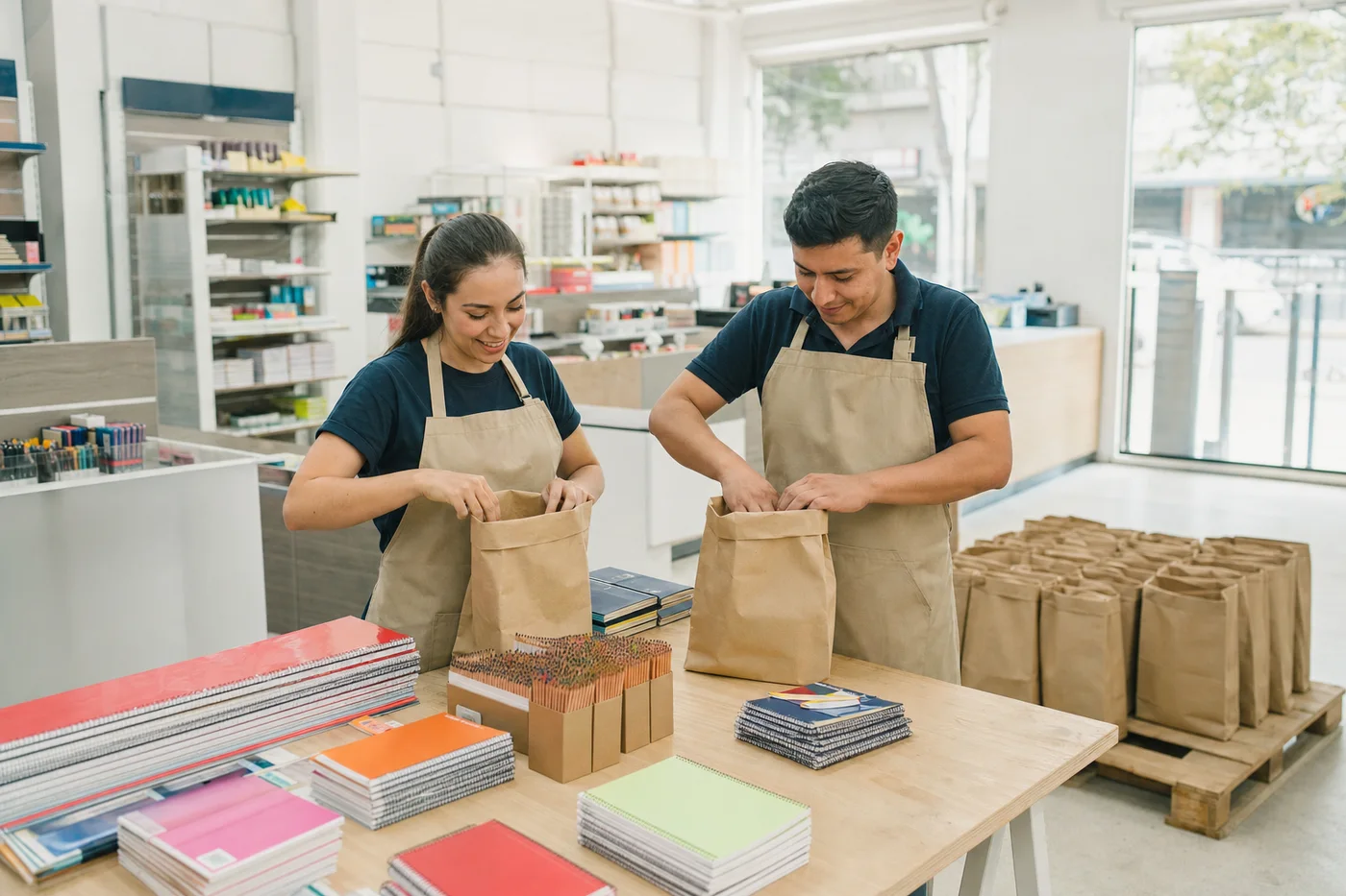 Dos empleados armando paquetes escolares en la mesa de la trastienda
