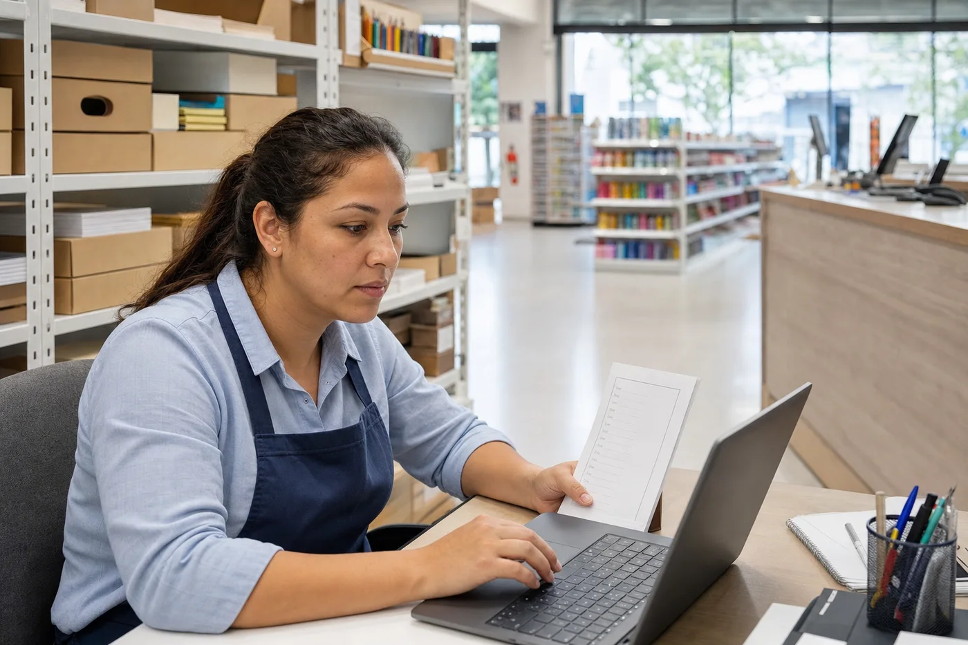 Empleada capturando la lista de un colegio en la computadora de la trastienda