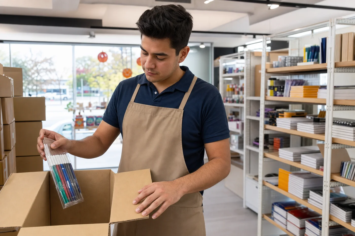 Empleado revisando cajas de mercancía de temporada en los racks de la bodega