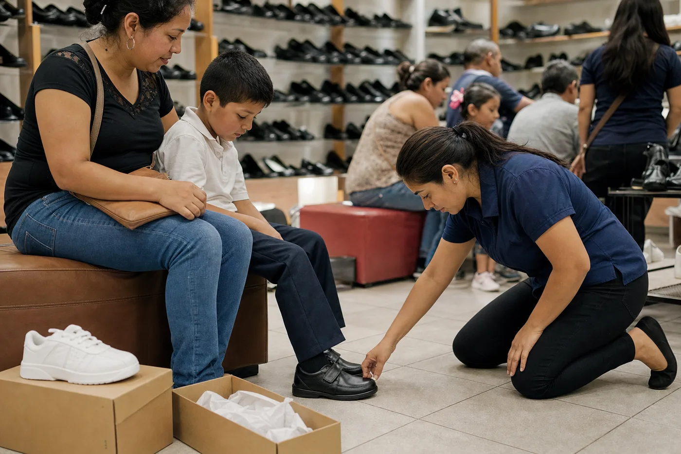 Vendedora hincada revisando la punta del zapato escolar que el niño ya trae puesto, con la caja abierta y el tenis blanco del segundo par en el piso
