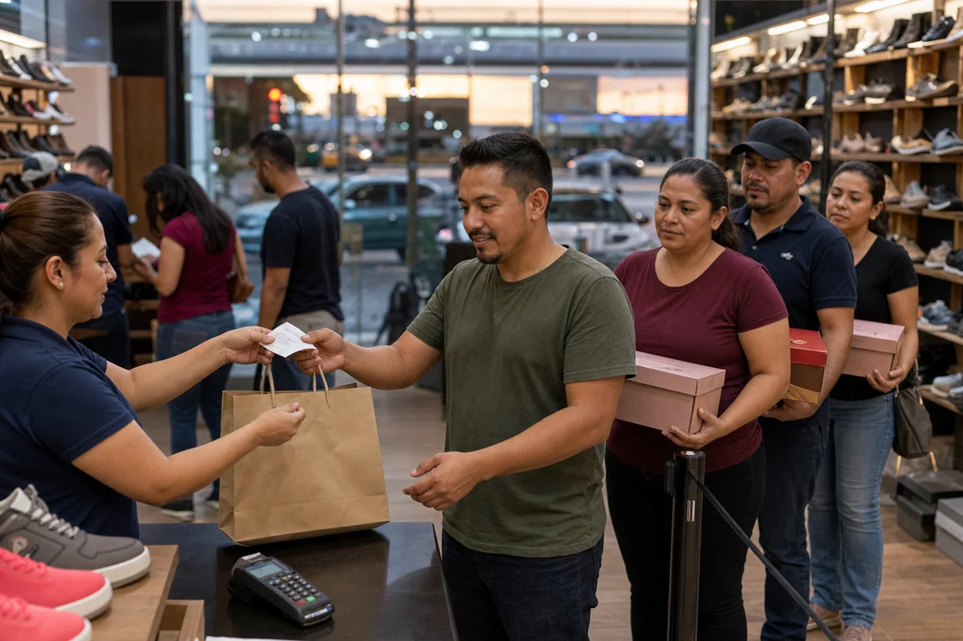 Fila de clientes con cajas de zapatos en la caja de una zapatería un viernes por la tarde