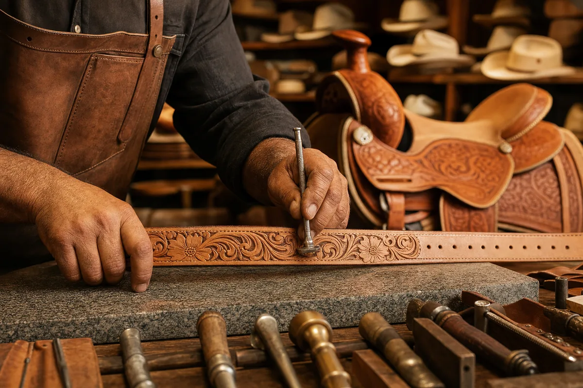 Artesano repujando a mano un cinturón de piel, con sillas y sombreros vaqueros al fondo