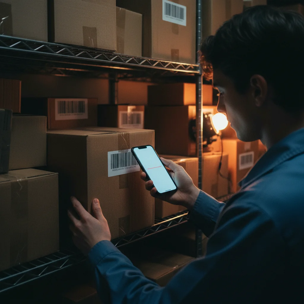 Empleado con celular escaneando etiqueta de código de barras en SACS