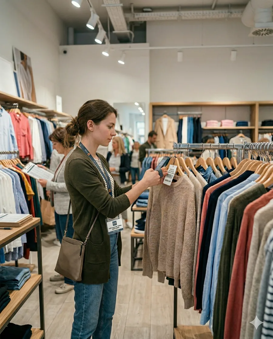 Empleada haciendo conteo físico de inventario con scanner en tienda de ropa