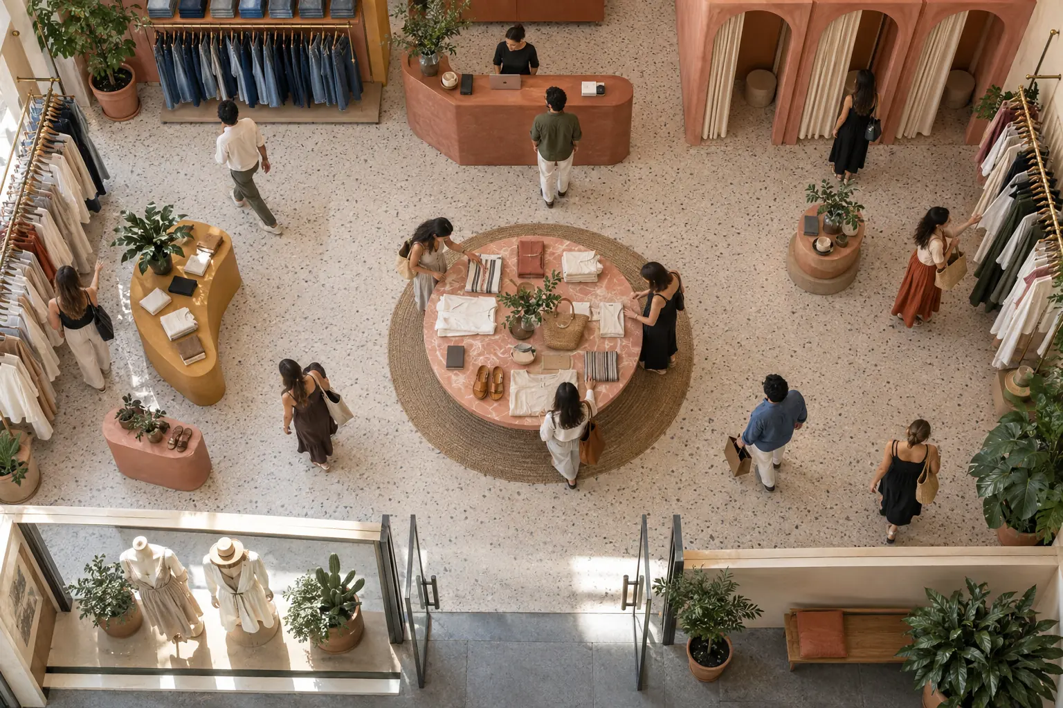 La planta de una boutique vista desde el techo: la mesa redonda de novedades al centro, racks en las paredes, la pared de mezclilla, los probadores, la caja y la entrada con su aparador