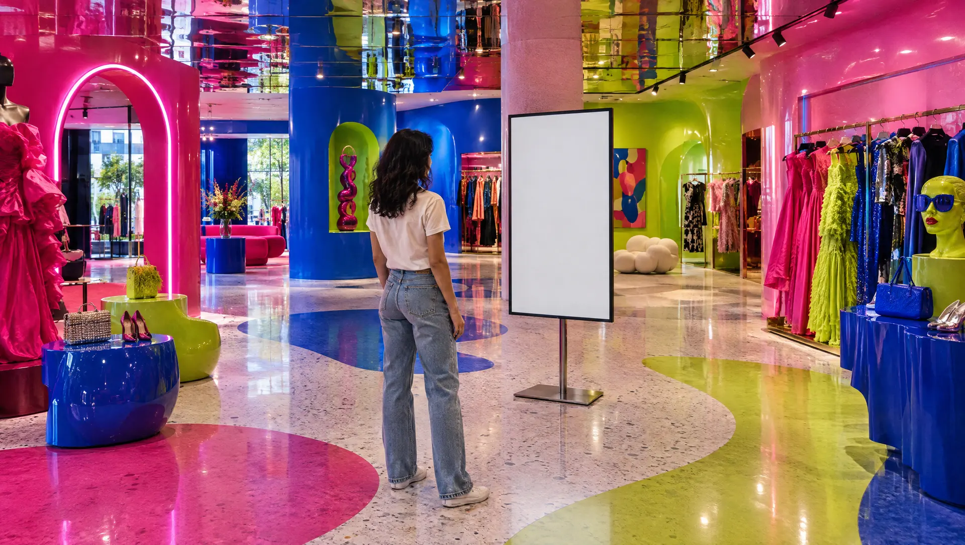 Una tienda de moda llena de color, con arco de neón rosa, columnas azules y piso de terrazo; la clienta, de playera blanca y jeans, frente a una pantalla