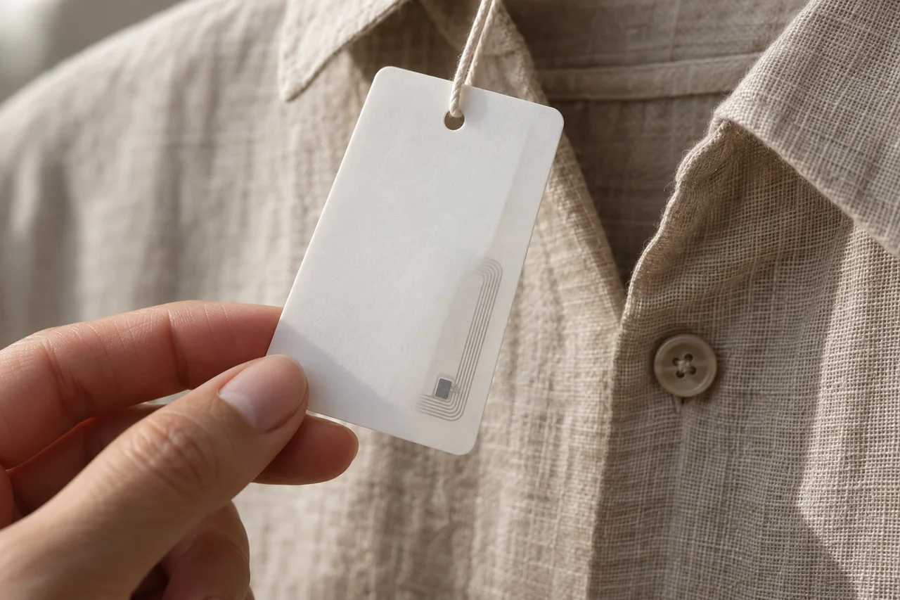 Una etiqueta blanca colgada de una camisa de lino; adentro se ve el chip de RFID