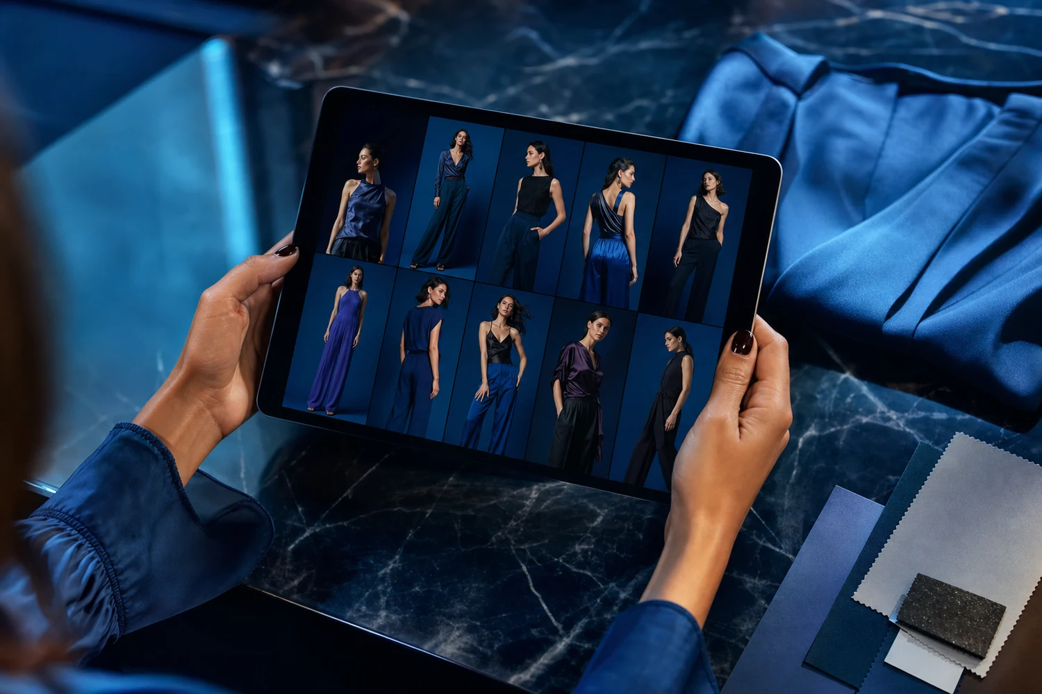 Manos sosteniendo una tablet con el lookbook de la colección sobre una mesa de mármol