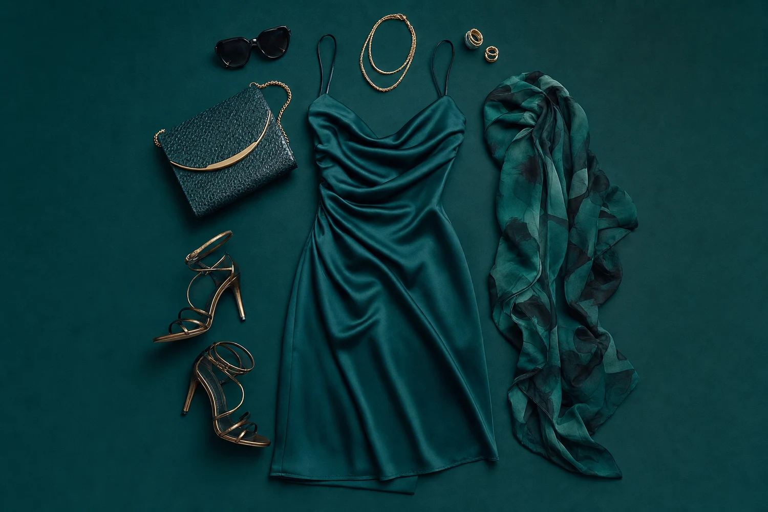 Outfit completo acomodado a vista de pájaro: vestido, bolso, zapatos y accesorios sobre superficie verde
