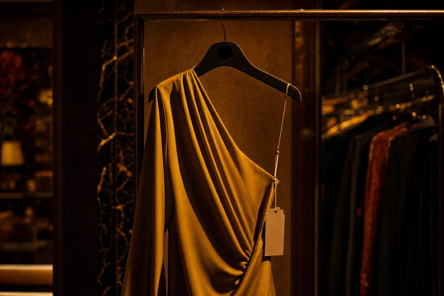 Prenda exclusiva en gancho de terciopelo bajo un reflector cálido en una boutique en penumbra