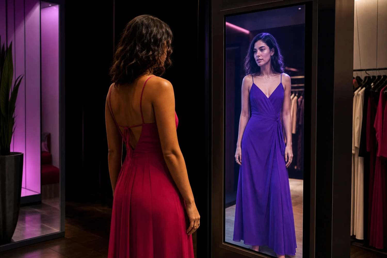 Clienta frente a una pantalla vertical en una boutique, viéndose con un vestido de otro color
