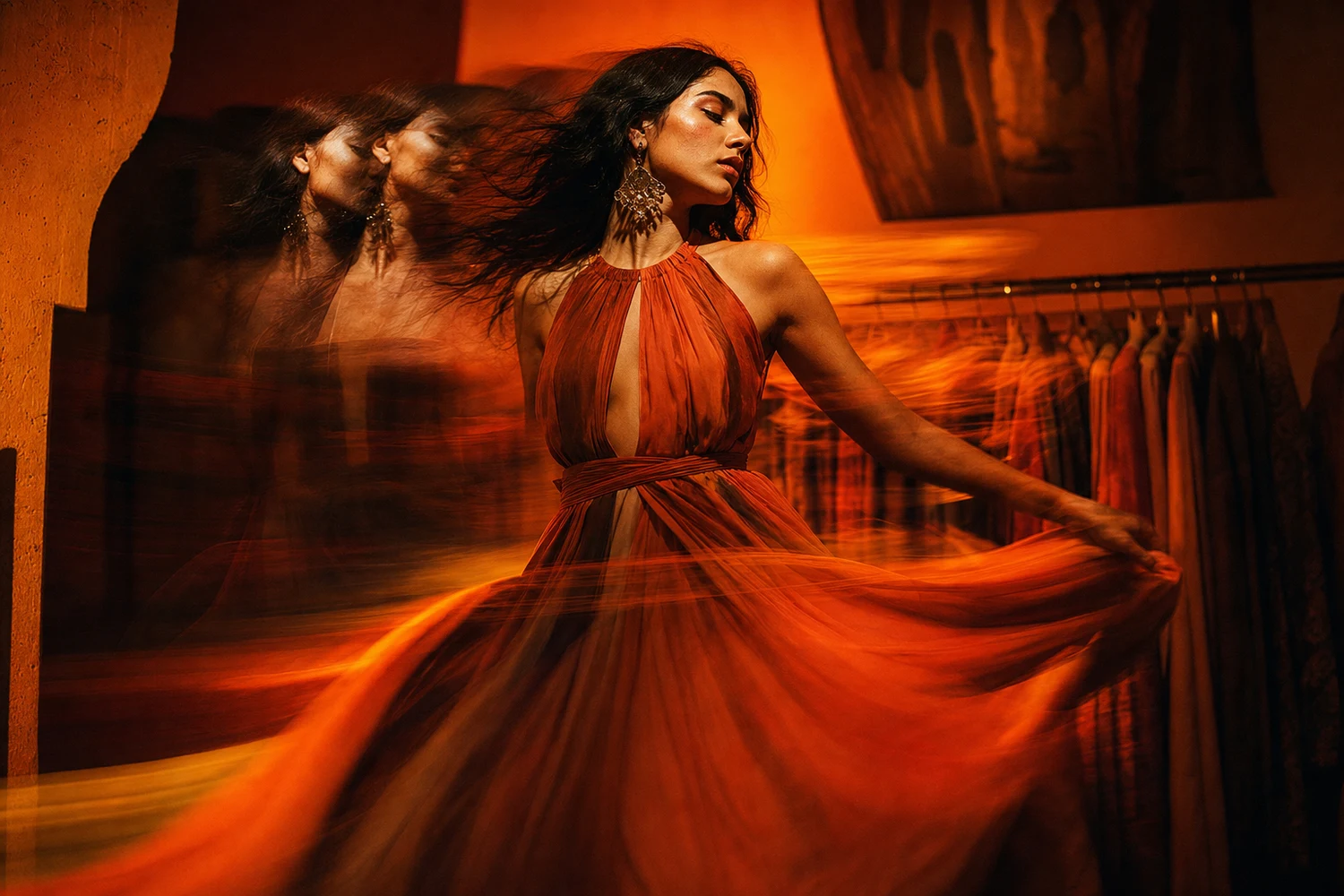 Modelo girando con vestido en movimiento, capturada en varios cuadros superpuestos con luz naranja