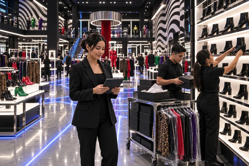En una tienda de moda enorme, la gerente revisa en su tableta la orden de compra mientras el equipo resurte la pared de botines