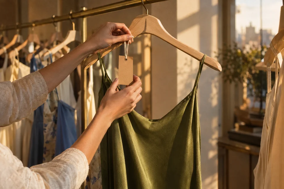 Al atardecer, una mano cambia la etiqueta de un vestido verde de seda