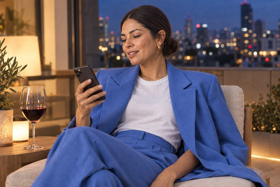 La dueña, en su terraza por la noche, lee en su celular el resumen del día