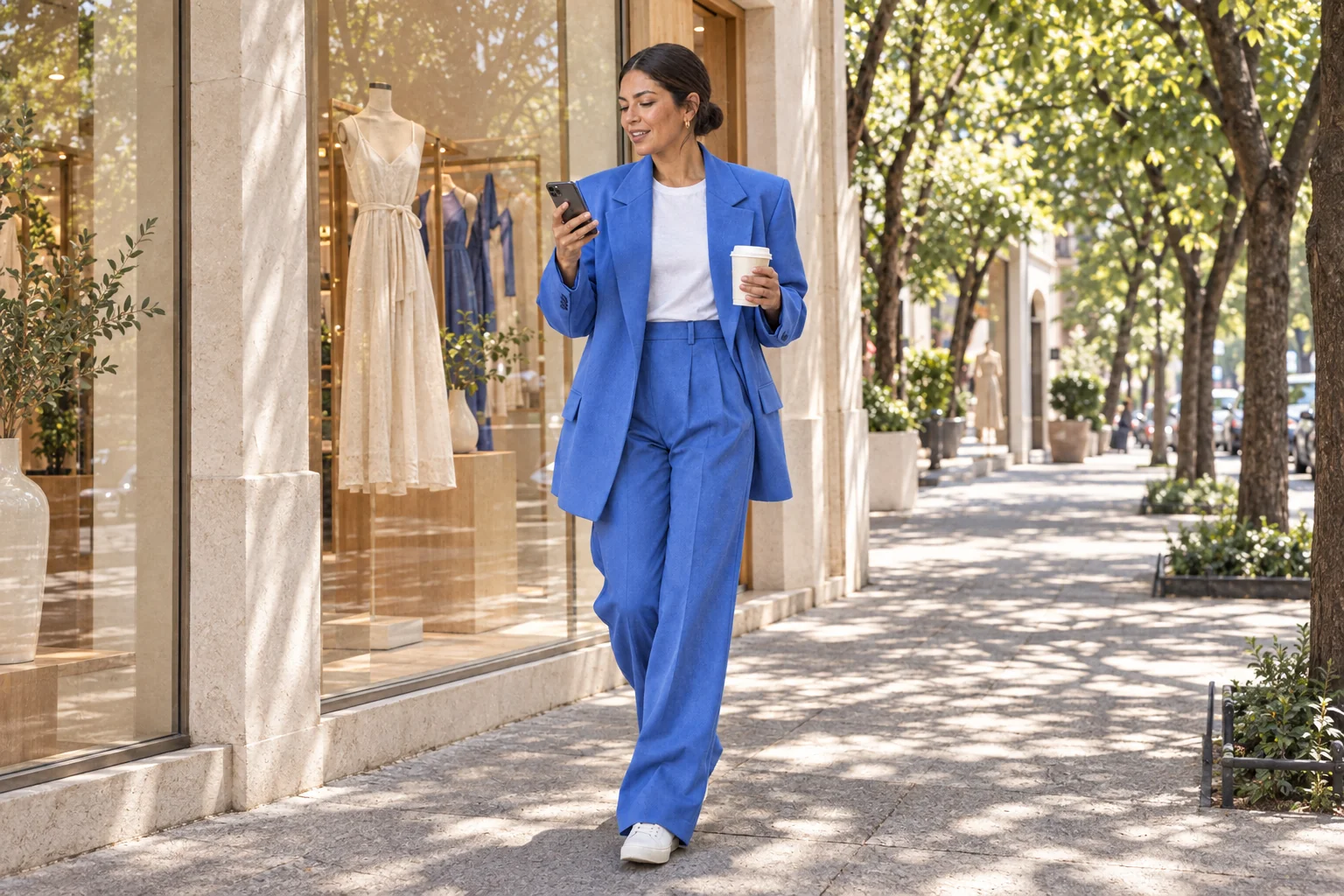 La dueña de la marca camina por la calle revisando en su celular lo que su IA preparó