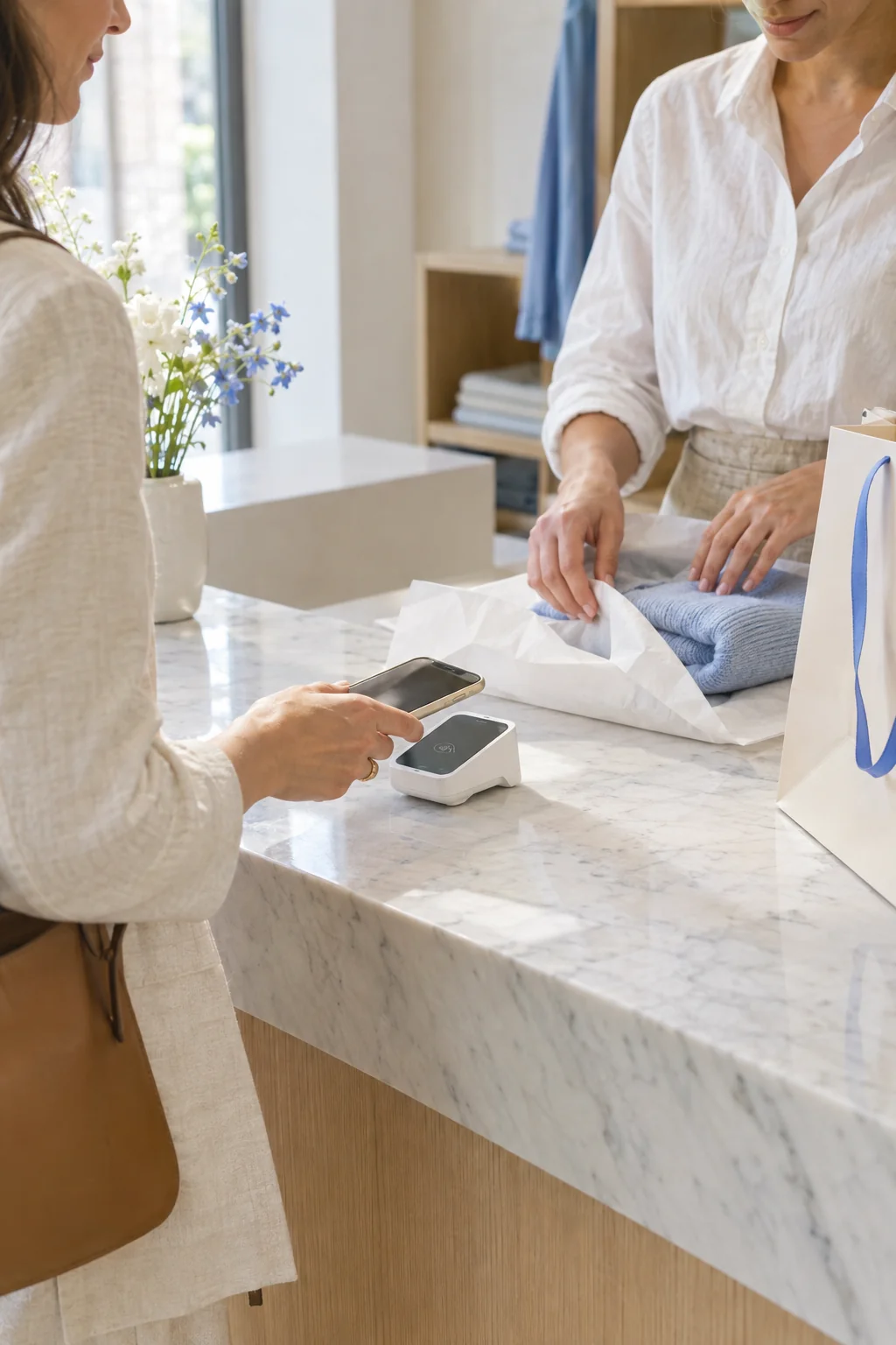 Una clienta paga con su celular en el mostrador de una boutique