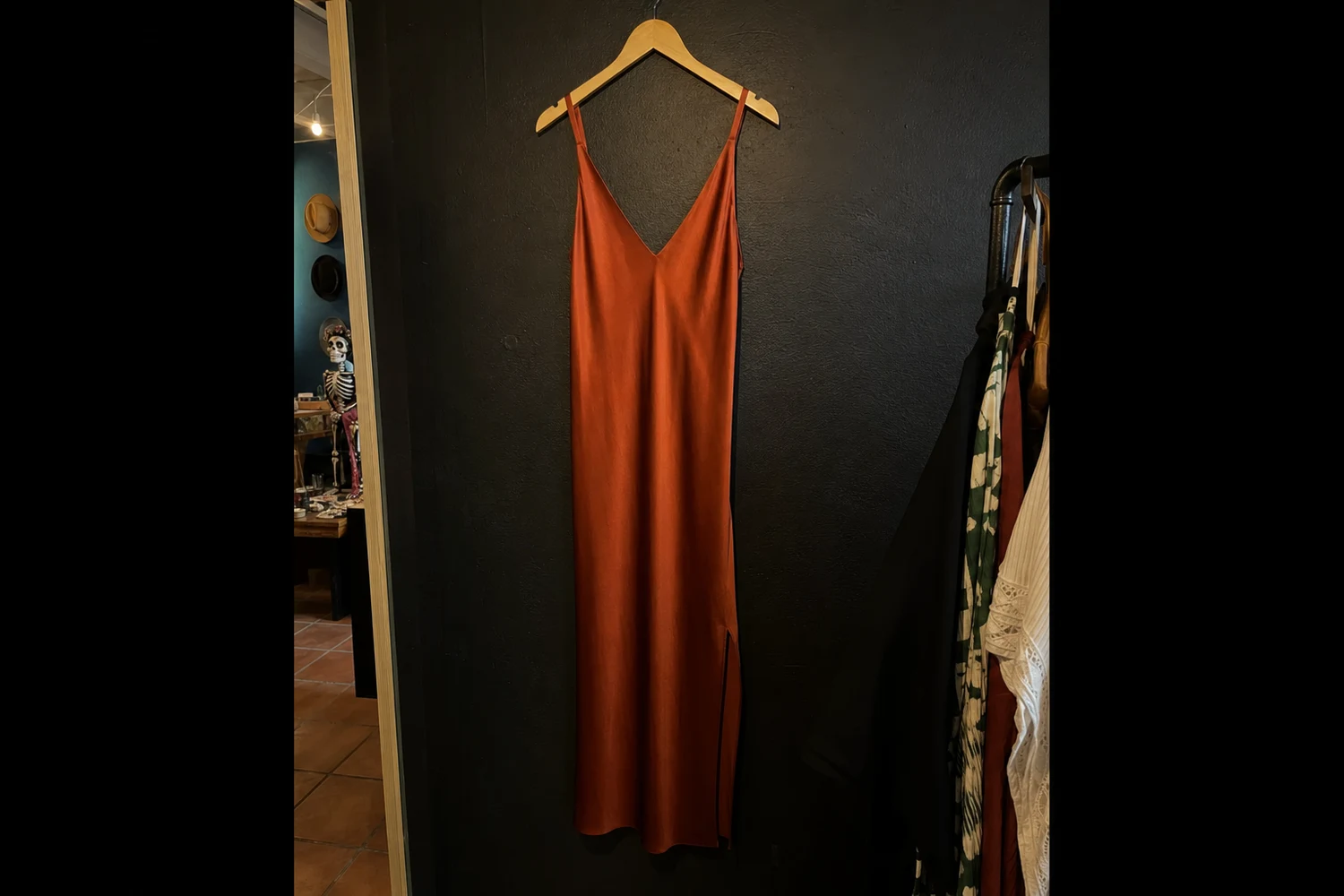 Vestido colgado en un gancho fotografiado con celular dentro de una boutique