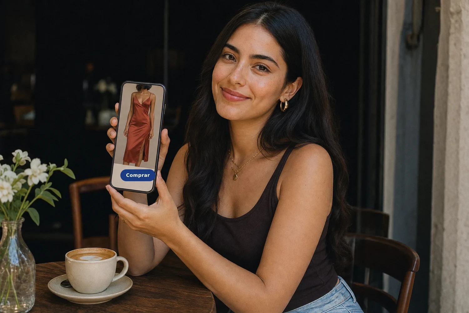 Un teléfono en la mano con la foto de la prenda ocupando toda la pantalla