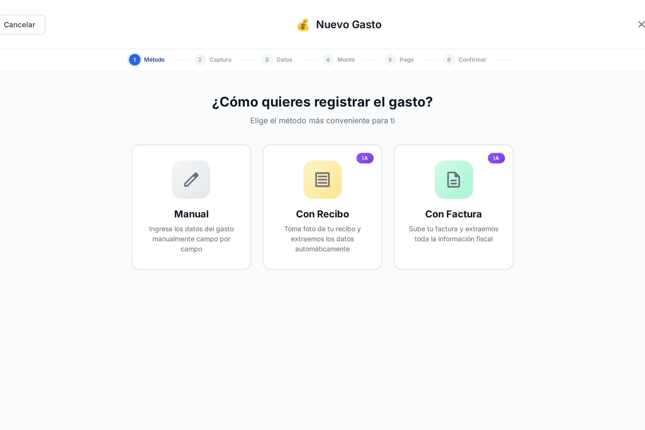 Wizard Nuevo Gasto de SACS: registrar Manual, con Recibo (foto + IA) o con Factura (XML)