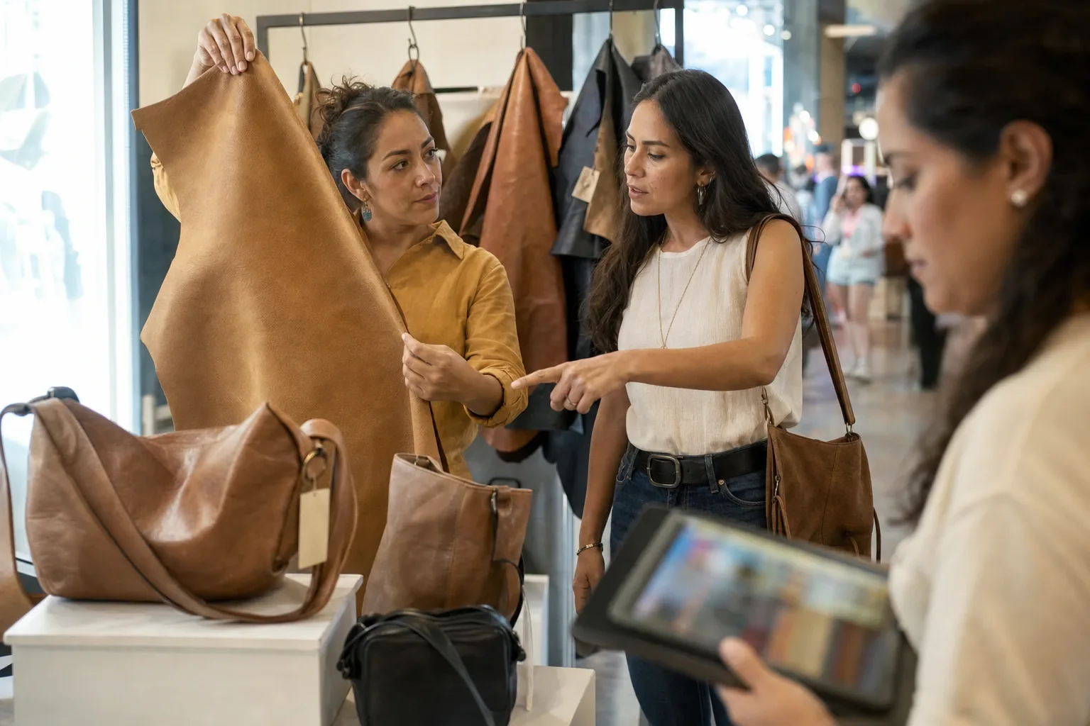 Estand de una marca mexicana de bolsas en la feria de Guadalajara, con cueros colgados atrás y el comprador de una boutique levantando el pedido de temporada