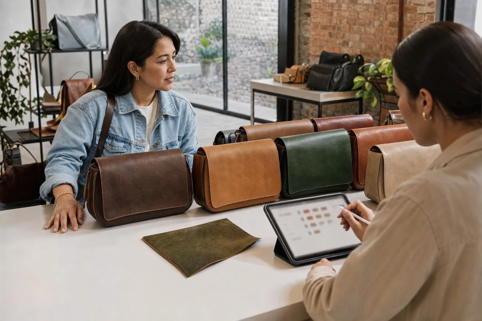Showroom de mayoreo de una marca de bolsas en León con medias docenas surtidas por color y el comprador de una boutique escogiendo