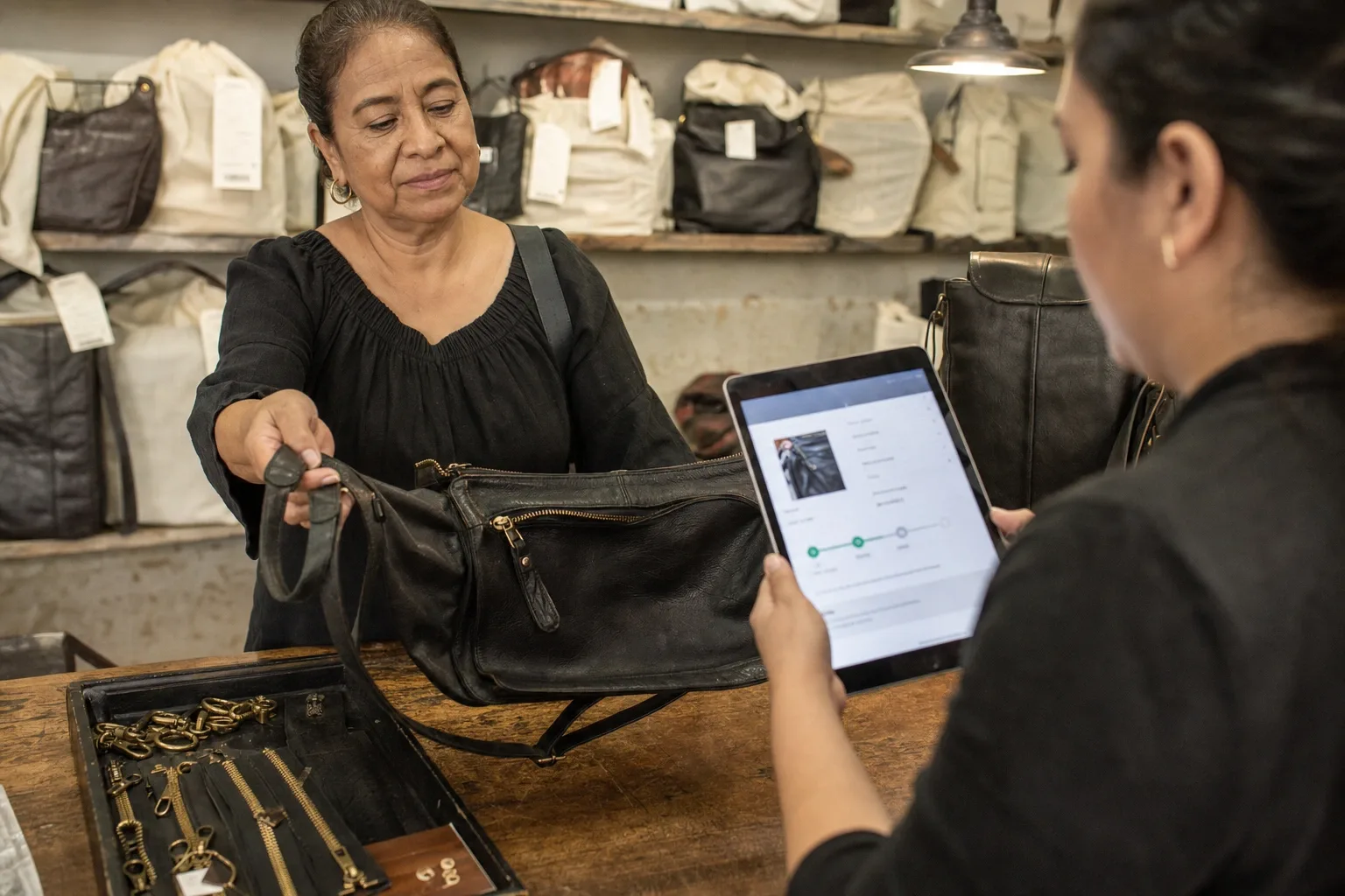 Mostrador de reparaciones de una tienda de bolsas de piel en enero, con el cliente entregando una bolsa de cierre roto y la encargada levantando la nota con foto