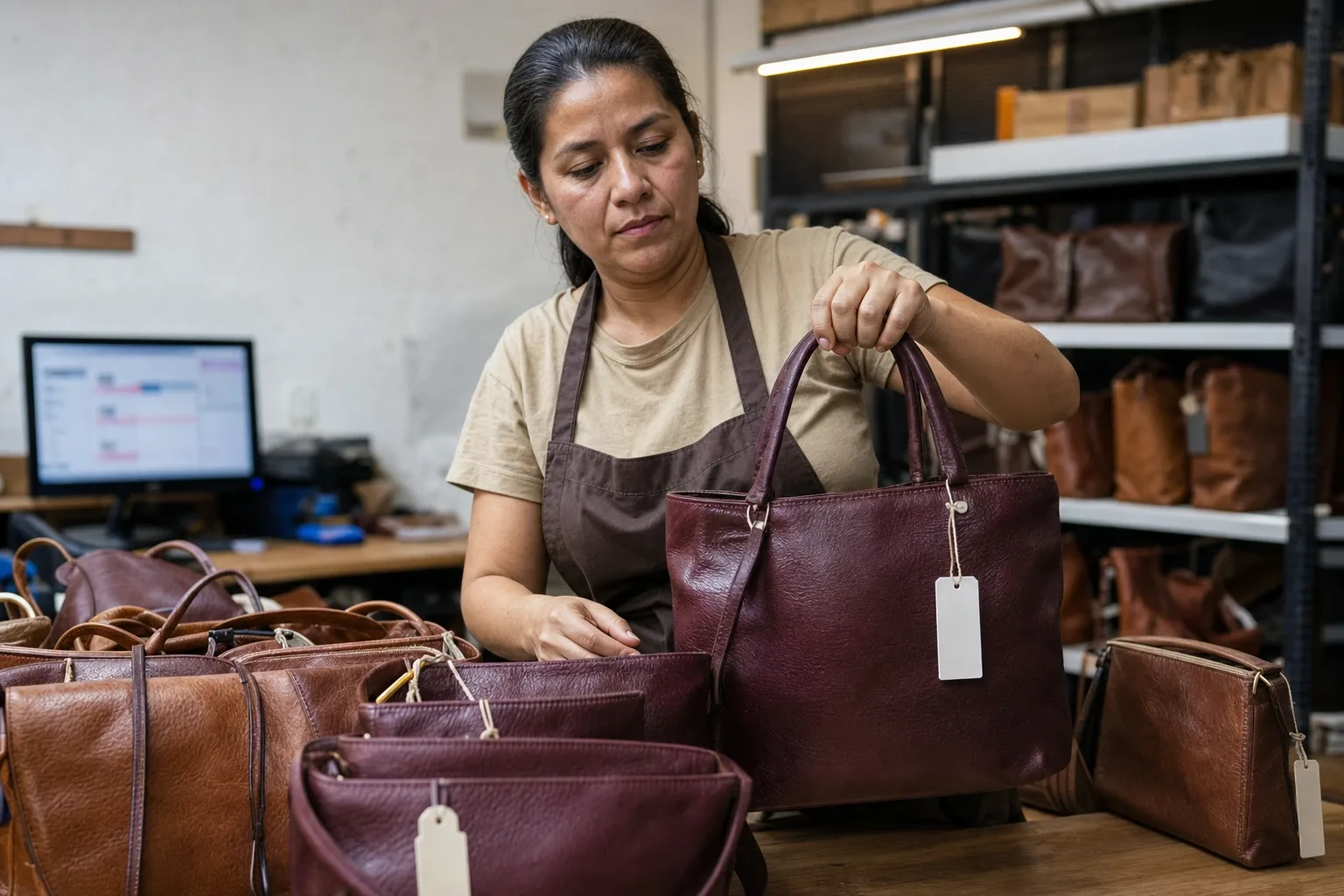 Recepción de una entrega de maquila en la bodega de una marca de bolsas, contando pieza por pieza y etiquetando con su lote