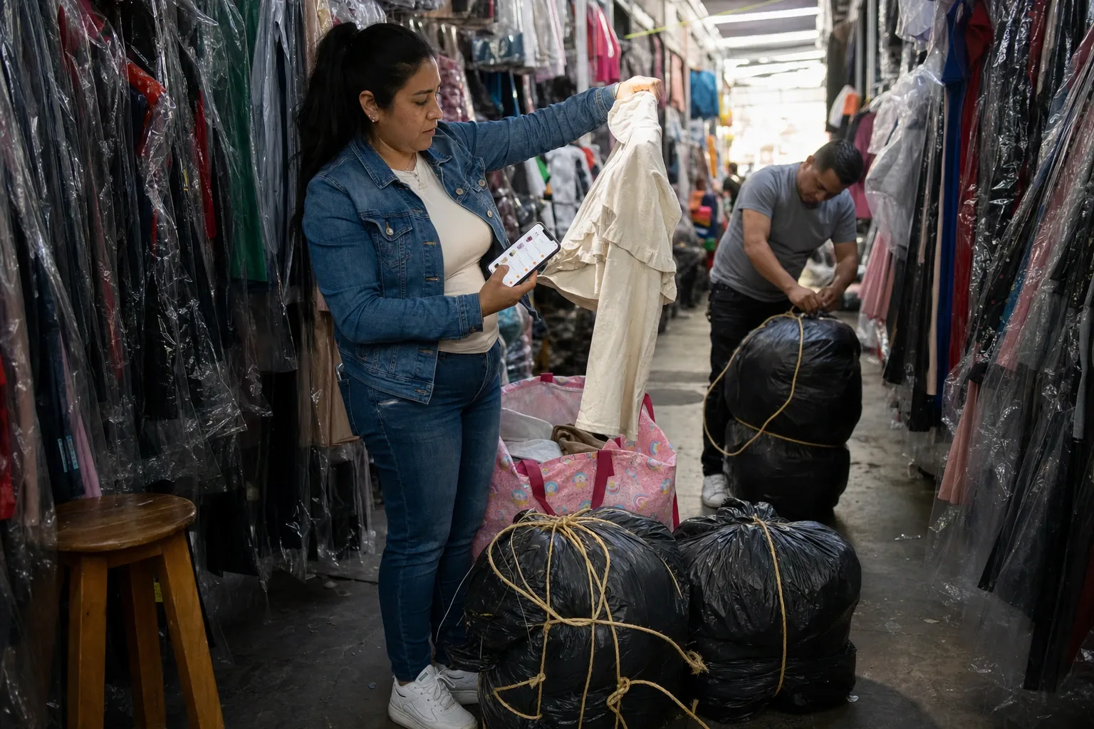 Ella en el pasillo de mayoreo revisando la tela de una blusa con los bultos amarrados a sus pies