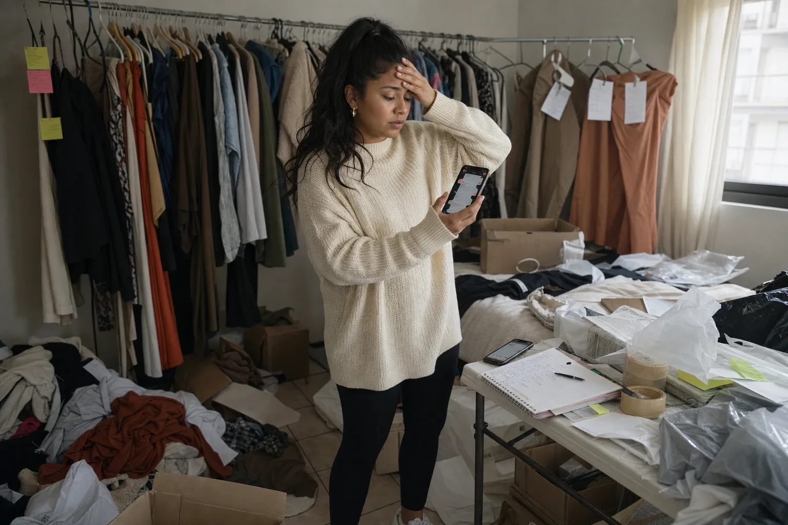 La misma mujer en su cuarto de inventario, con dos chats abiertos, la libreta de apartados y las piezas con tarjetitas de papel amarradas