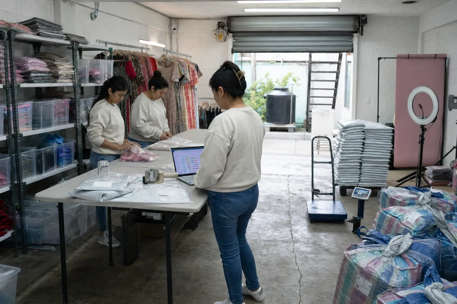 Bodeguita rentada de una vendedora en línea con su equipo empacando, los racks de ropa y los paquetes listos para la salida del día