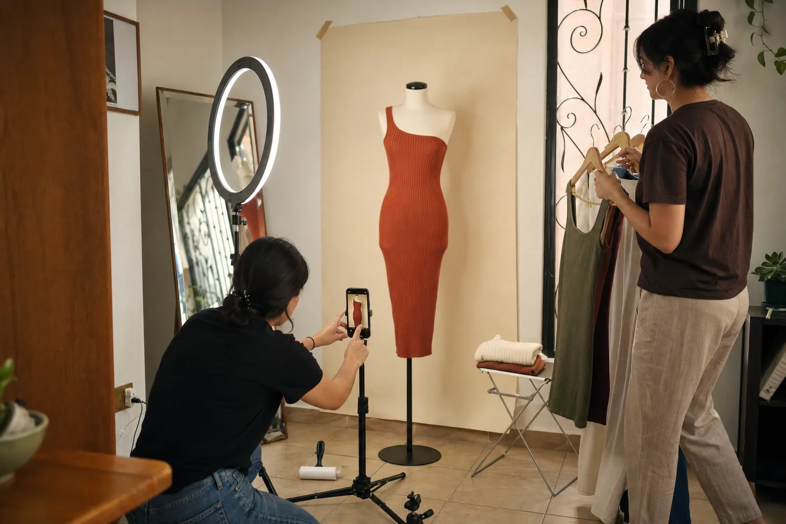 Esquina de fotos de la casa: el aro de luz, el fondo liso y el maniquí con un vestido